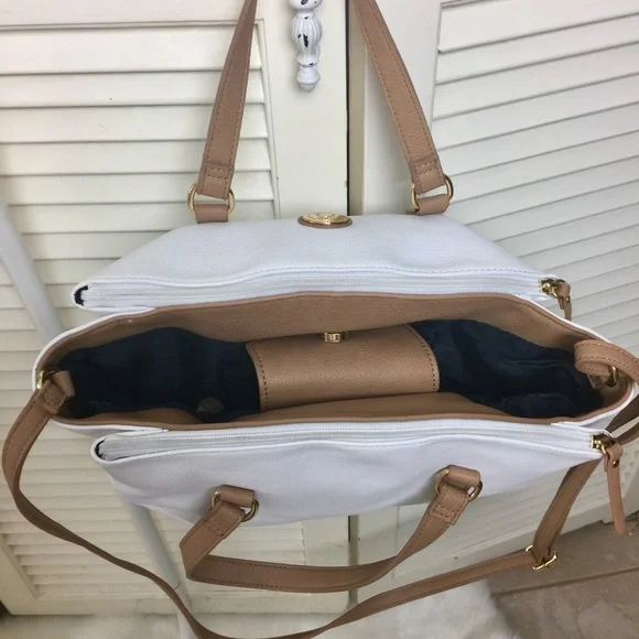TOMMY HILFIGER WHITE & TAN LEATHER HANDBAG PURSE - Picture 3 of 8